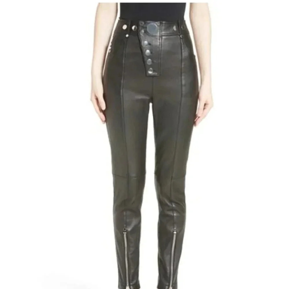 Alexander Wang Pants Vegan Leather Trousers Silver Snaps Zip Detail Black Size 0